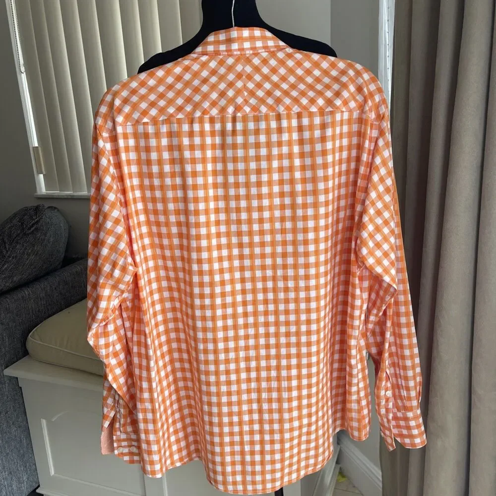 Johnston & Murphy tailored fit Orange Gingham Plaid shirt Contrast Trim Size M